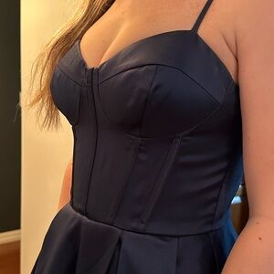 PROM dress Navy Blue corset spaghetti strap A line sleeveless Gown NWOT sz 0